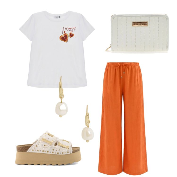 Outfit donna - Total look #2410806. Stile Basic per Tutti i giorni. Abbinamento con pantaloni a palazzo, t-shirt, orecchini, zeppe, portafogli.