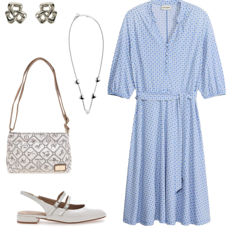 Outfit donna - Ballerine in giugno. Stile Bon Ton per Tutti i giorni. Abbinamento con vestiti, collane, orecchini, ballerine, borse a tracolla.