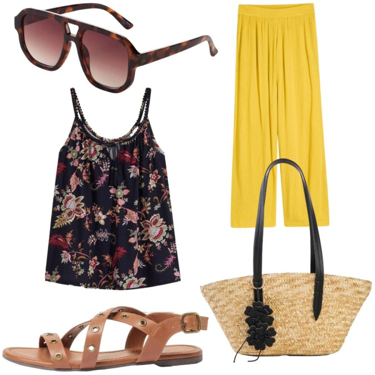 Outfit donna - Total look #2410808. Stile Casual per Tutti i giorni. Abbinamento con pantaloni, top, sandali, occhiali da sole, shopping bag.