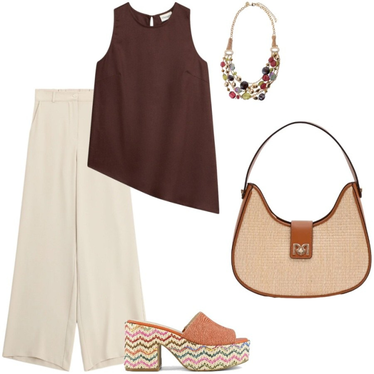Outfit donna - Aperitivi estivi. Stile Casual chic per Serata fuori. Abbinamento con canottiere, borse a spalla, pantaloni a palazzo, collane, sandali.
