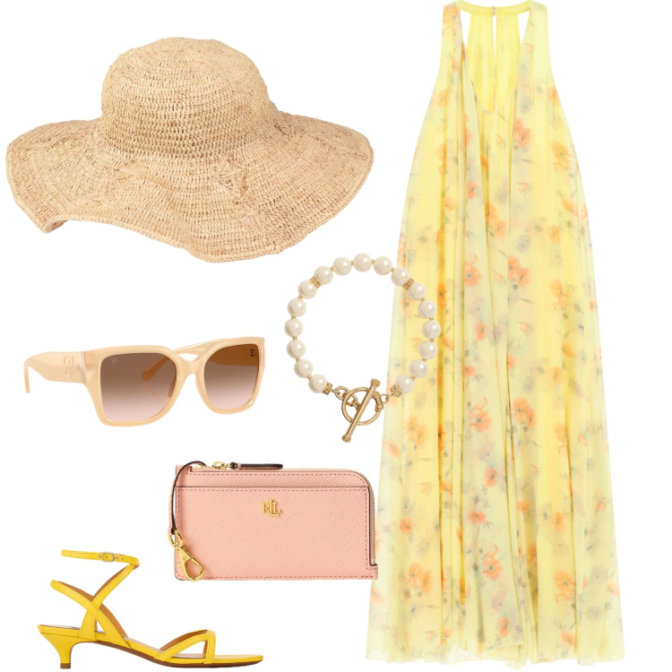 Outfit donna - yellow and peach pink. Stile Casual chic per Tutti i giorni. Abbinamento con cappelli, vestiti lunghi, occhiali da sole, collane, sandali col tacco, portafogli.