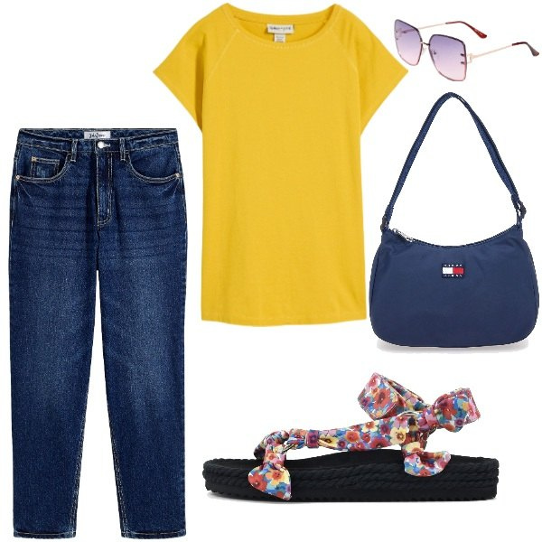 Outfit donna - Basic con stile. Stile Basic per Scuola/Università. Abbinamento con t-shirt, jeans mom, occhiali da sole, borse a spalla, sandali.