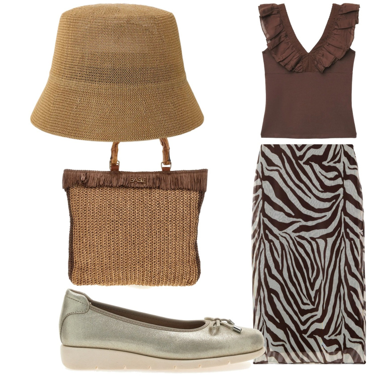 Outfit donna - Gonna lunga e ballerine. Stile Etnico per Tutti i giorni. Abbinamento con gonne lunghe, top, cappelli, ballerine, borse a mano.