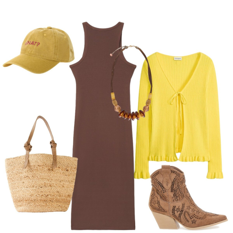 Outfit donna - Giallo il colore del sole!. Stile Glamour per Tutti i giorni. Abbinamento con shopping bag, cardigans, vestiti lunghi, collane, cappelli con visiera, stivaletti texani.