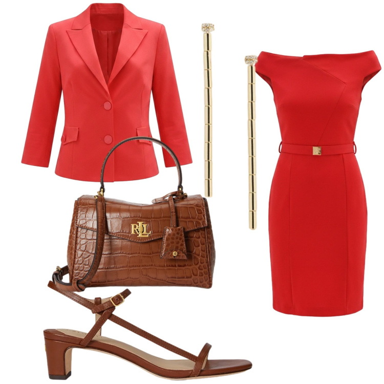 Outfit donna - Il blazer corallo Rinascimento. Stile Bon Ton per Ufficio. Abbinamento con vestiti asimmetrici, blazer, sandali in pelle, orecchini, borse a mano.