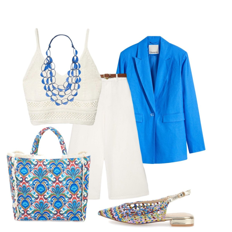 Outfit donna - Look fresco ed elegante. Stile Chic per Cerimonia. Abbinamento con blazer, pantaloni a palazzo, top, collane, ballerine, shopping bag.