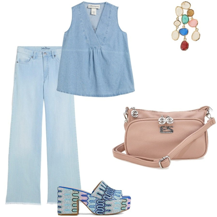 Outfit donna - Total denim. Stile Casual chic per Tutti i giorni. Abbinamento con jeans, bluse, orecchini, sabot, borse a tracolla.