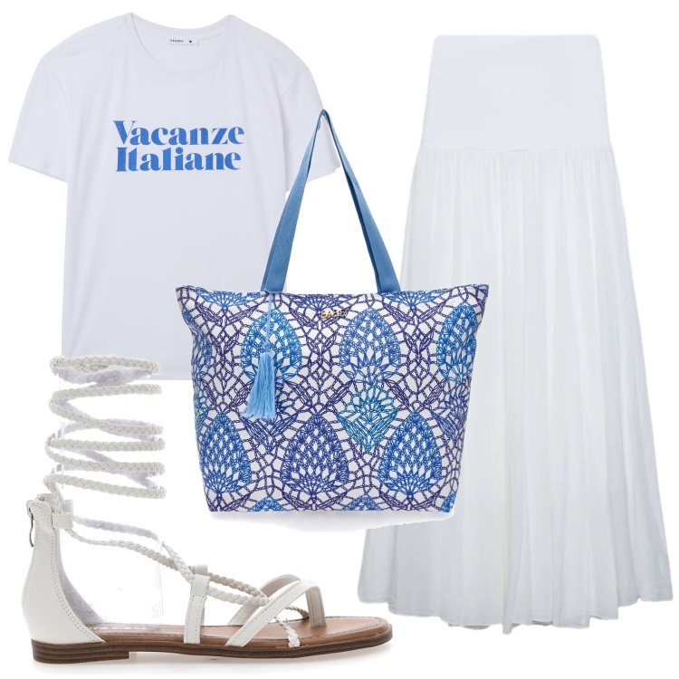 Outfit donna - Total look #2410829. Stile Etnico per Tutti i giorni. Abbinamento con gonne lunghe, t-shirt, sandali alla schiava, shopping bag.