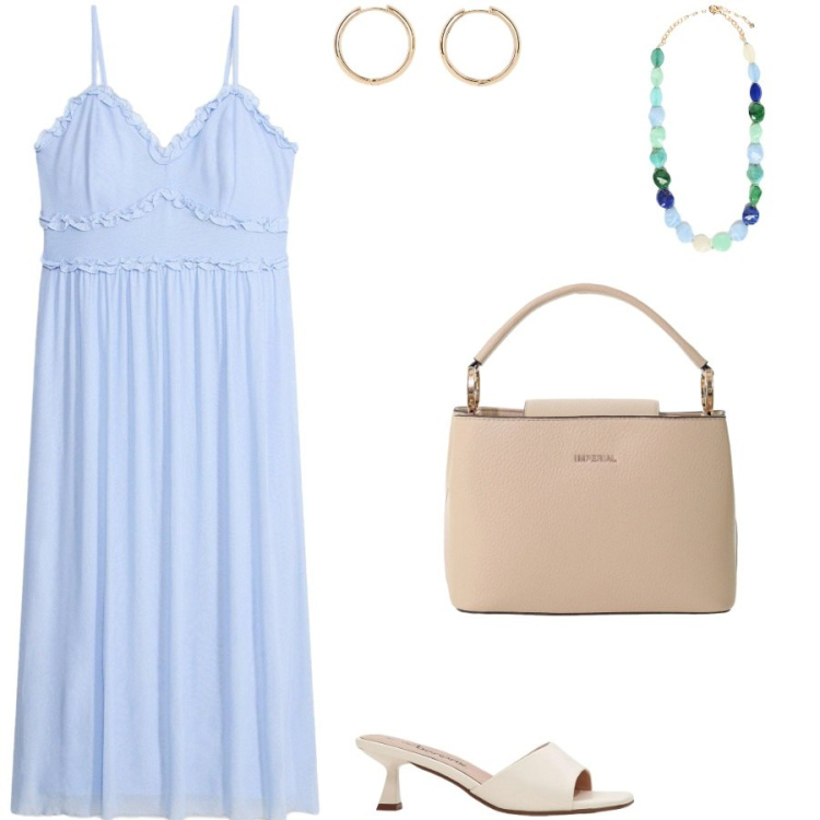 Outfit donna - Comoda e stilosa. Stile Chic per Serata fuori. Abbinamento con vestiti, ciabatte, orecchini, borse a secchiello, collane.