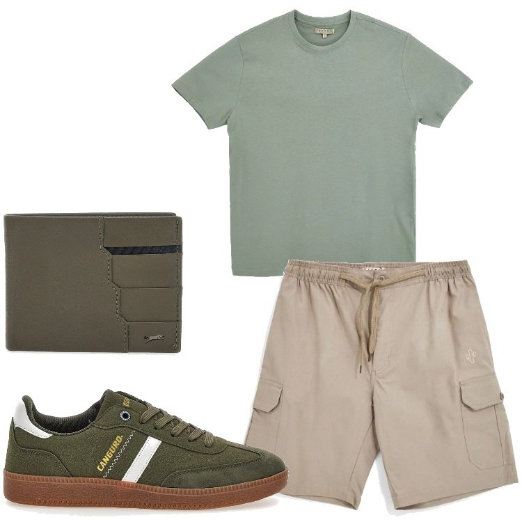 Outfit uomo - Bermuda cargo. Stile Casual per Tutti i giorni. Abbinamento con sneakers, portafogli, t-shirt, bermuda.