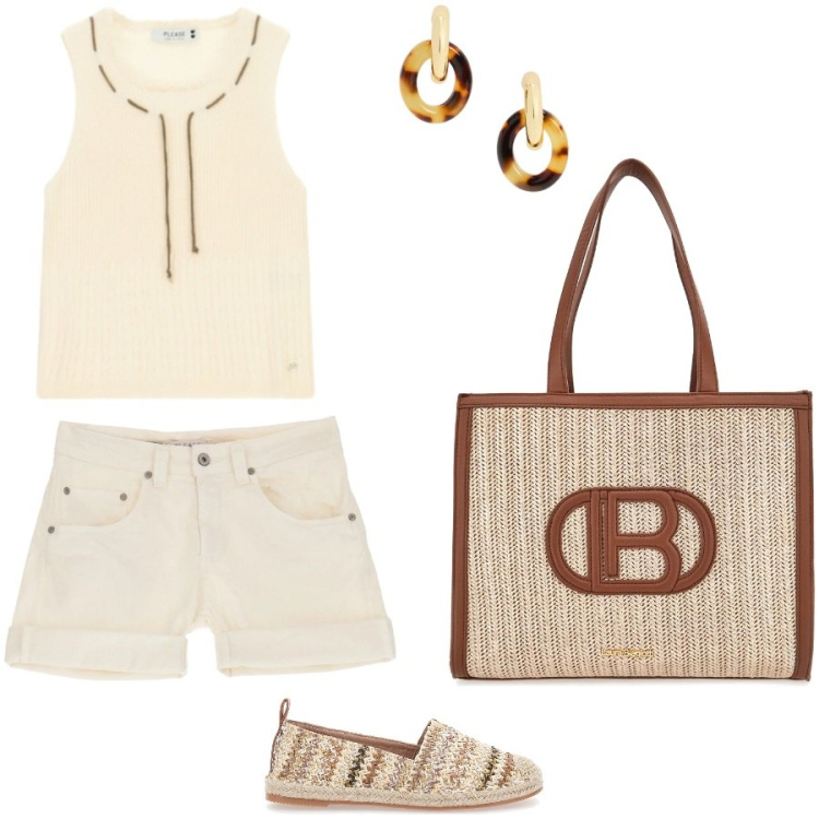 Outfit donna - Summer outfit. Stile Casual per Tutti i giorni. Abbinamento con shorts, top, orecchini, espadrillas, borse a spalla.
