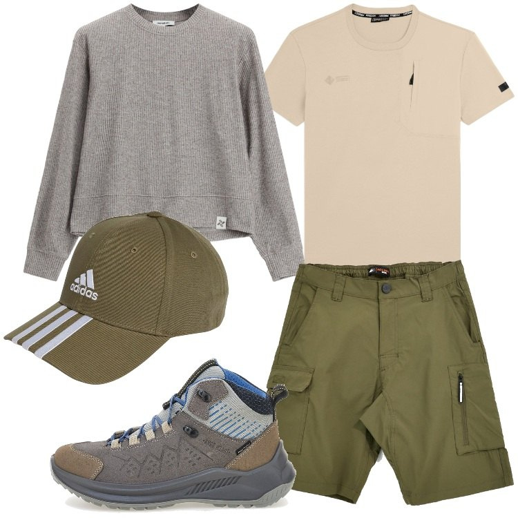 Outfit uomo - Escursione in montagna. Stile Casual per Tutti i giorni. Abbinamento con felpe, t-shirt, cappelli con visiera, scarpe sportive, bermuda.