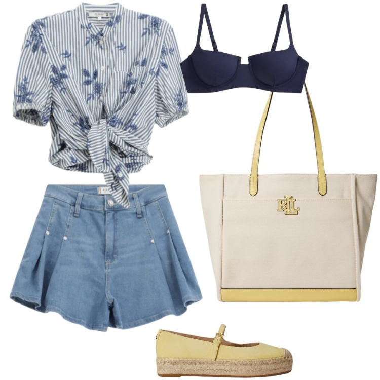 Outfit donna - Tramonti estivi. Stile Casual per Mare. Abbinamento con camicie a manica corta, shorts, espadrillas, bikini, borse tote.