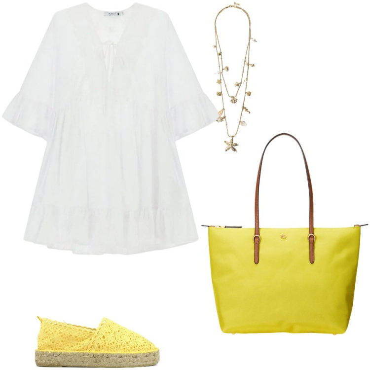 Outfit donna - Giallo limone. Stile Casual chic per Tutti i giorni. Abbinamento con collane, vestiti corti, borse tote, espadrillas.