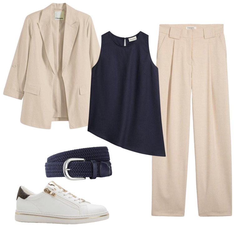 Outfit donna - day in the city. Stile Casual chic per Ufficio. Abbinamento con pantaloni, canottiere, sneakers, cinture, blazer.