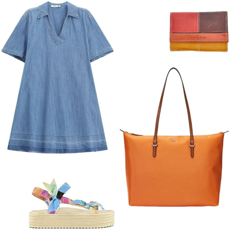 Outfit donna - Semplicemente scamiciato. Stile Casual per Tutti i giorni. Abbinamento con vestiti corti, borse tote, portafogli, sandali.