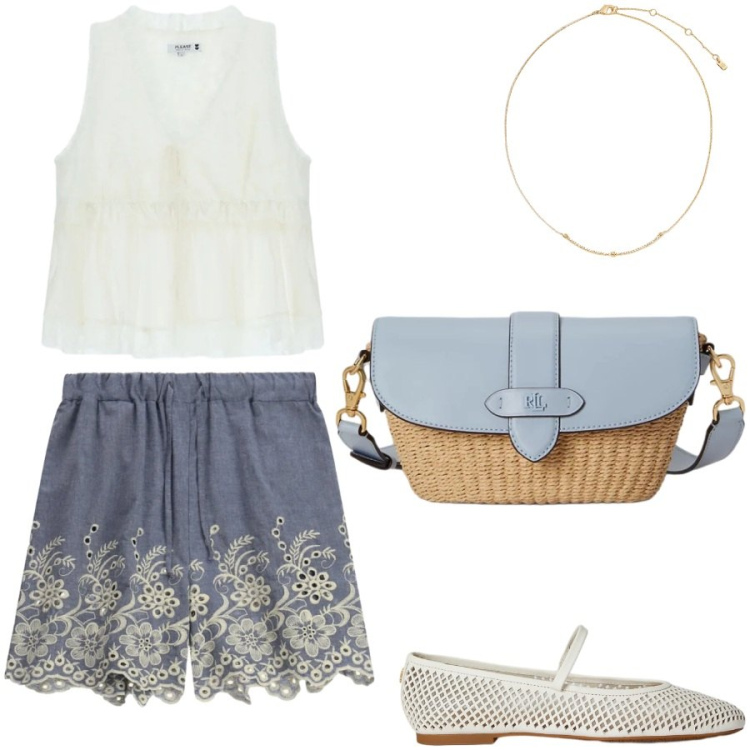 Outfit donna - Total look #2410842. Stile Romantica per Tutti i giorni. Abbinamento con top, shorts, borse a spalla, collane, ballerine.
