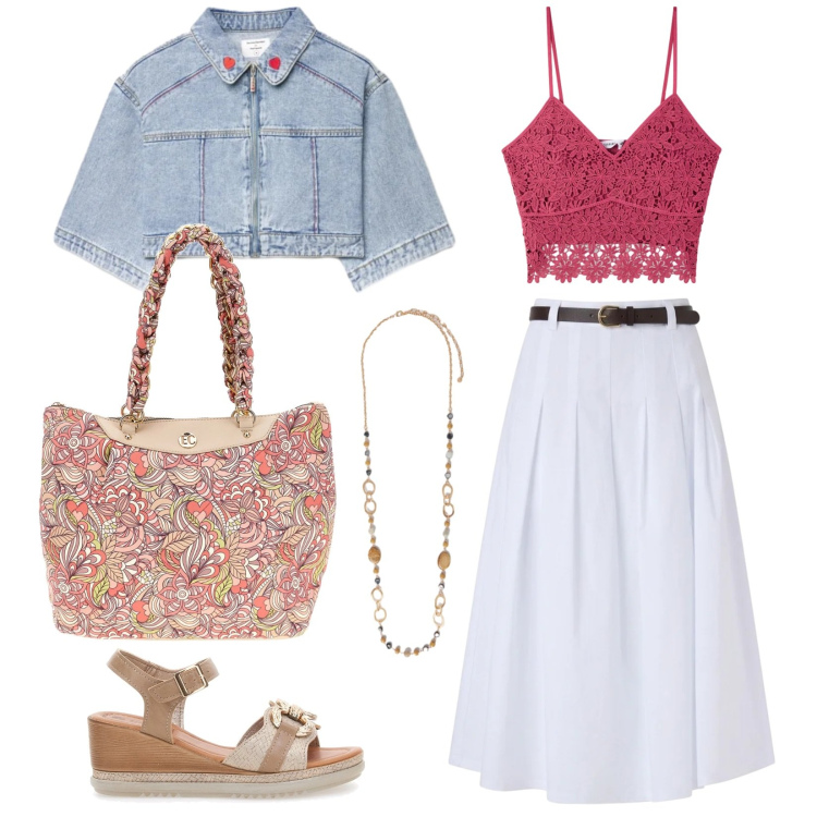 Outfit donna - Summer vibes. Stile Casual per Tutti i giorni. Abbinamento con collane, cappotti, gonne longuette, top, sandali, borse a spalla.