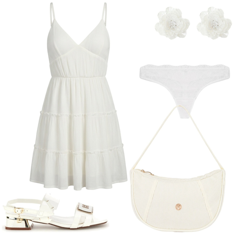 Outfit donna - In bianco. Stile Glamour per Tutti i giorni. Abbinamento con perizomi, vestiti corti, borse a mano, orecchini, sandali col tacco.
