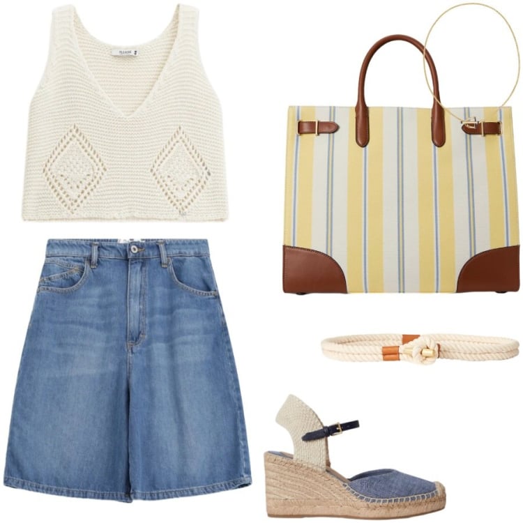 Outfit donna - Vista mare con le amiche. Stile Casual chic per Mare. Abbinamento con bermuda, top, espadrillas, borse tote, cinture, ciondoli.