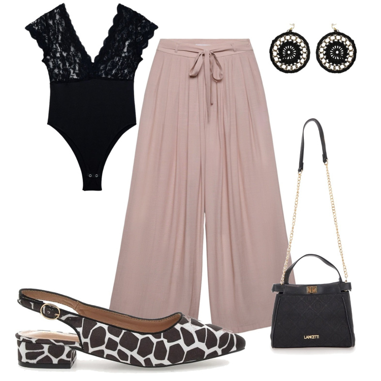 Outfit donna - Ballerina muccata. Stile Chic per Ufficio. Abbinamento con top, pantaloni, orecchini, ballerine, borse a tracolla.
