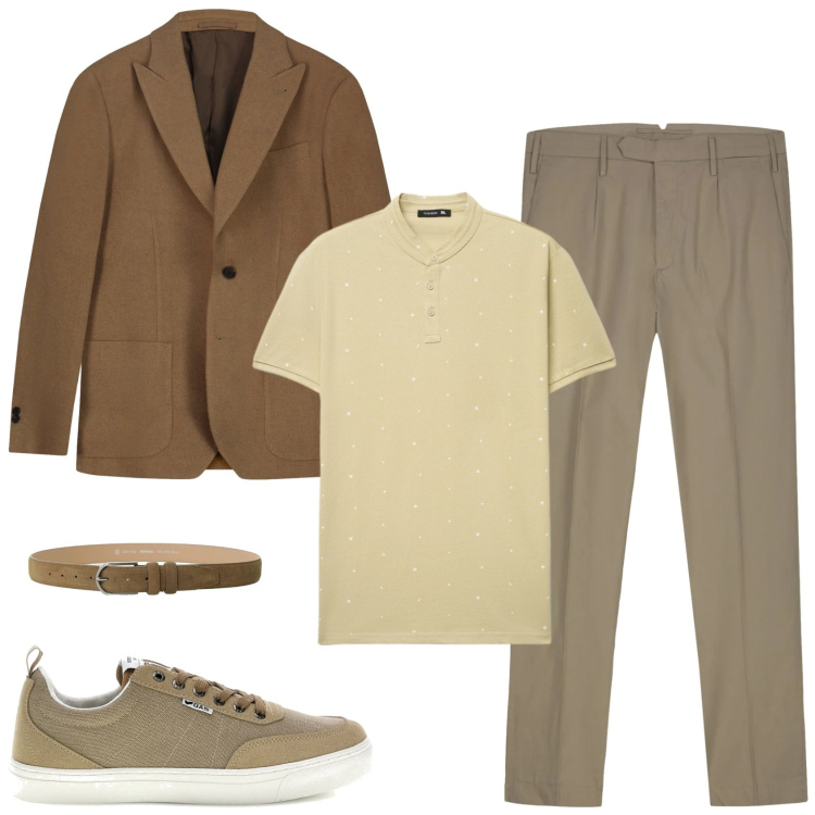Outfit uomo - In città al lavoro. Stile Casual per Ufficio. Abbinamento con polo, cinture, pantaloni, giacche, sneakers.