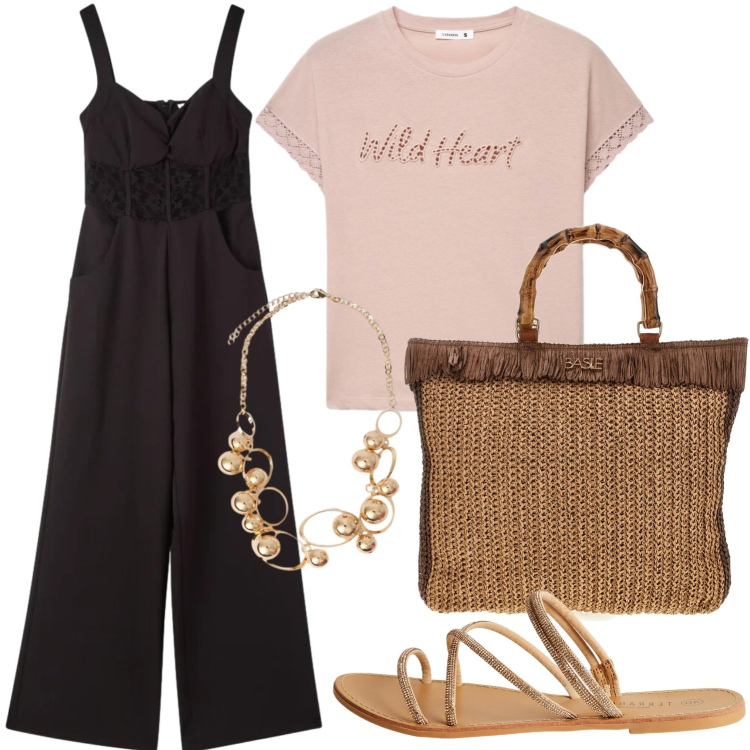 Outfit donna - In città. Stile Casual per Tutti i giorni. Abbinamento con tute, t-shirt, sandali, collane, borse a mano.