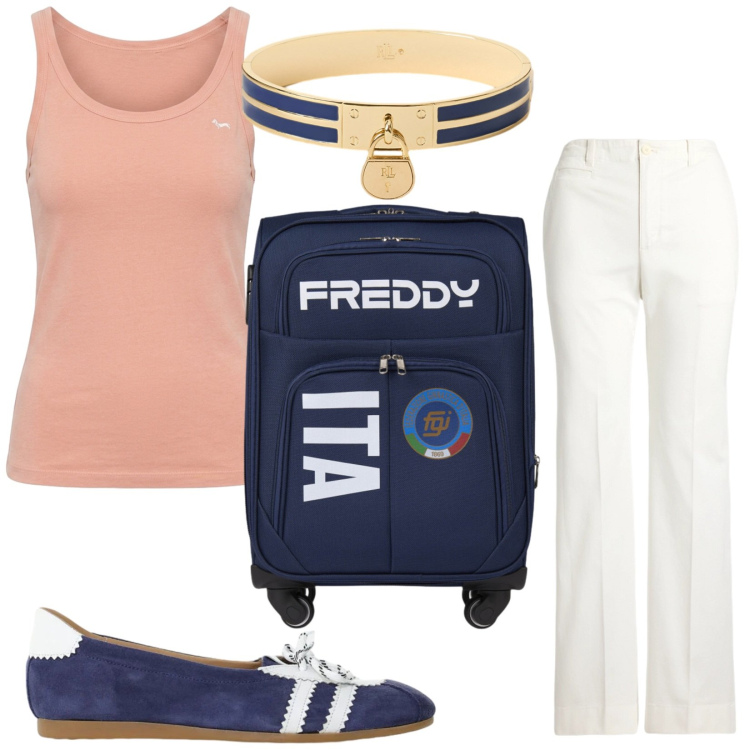 Outfit donna - Weekend. Stile Casual per Tutti i giorni. Abbinamento con canottiere, valigie, ballerine, pantaloni, braccialetti con ciondoli.