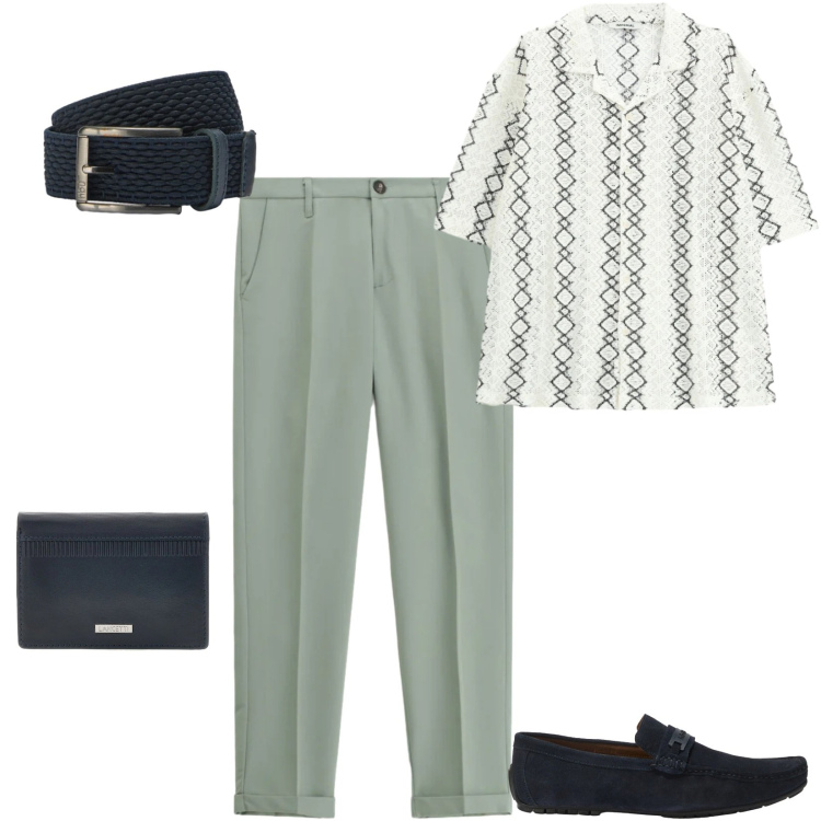 Outfit uomo - Aperitivo vista tramonto. Stile Casual per Serata speciale. Abbinamento con pantaloni, camicie a manica corta, scarpe stringate, cinture, portafogli.