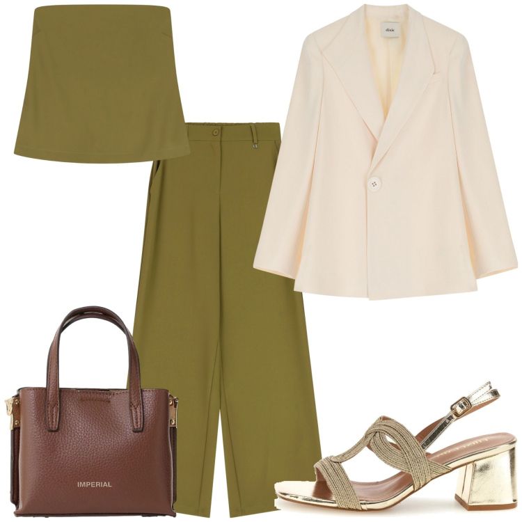 Outfit donna - In ufficio. Stile Casual per Ufficio. Abbinamento con borse a tracolla, blazer, pantaloni a palazzo, top, sandali col tacco.