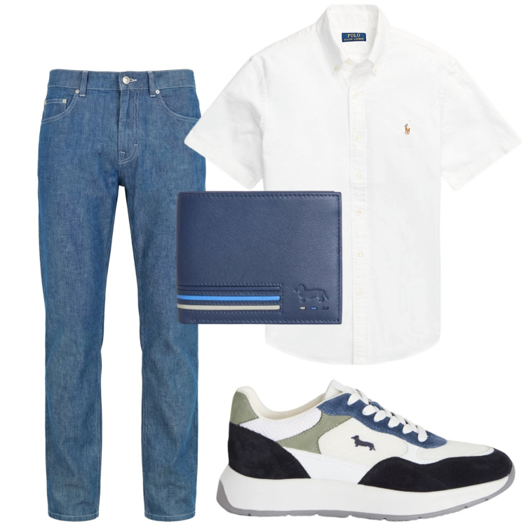 Outfit uomo - La camicia bianca estiva. Stile Casual per Tutti i giorni. Abbinamento con jeans, sneakers, portafogli, camicie.