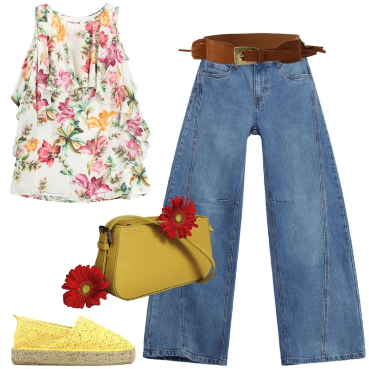 Outfit donna - Denim e fiori per tutti i giorni. Stile Casual per Tutti i giorni. Abbinamento con jeans, vestiti corti, borse a spalla, cinture, espadrillas.
