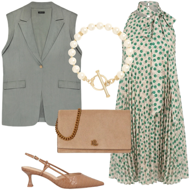 Outfit donna - Les pois. Stile Chic per Cerimonia. Abbinamento con décolleté, vestiti corti, gilet, borse a tracolla, braccialetti.