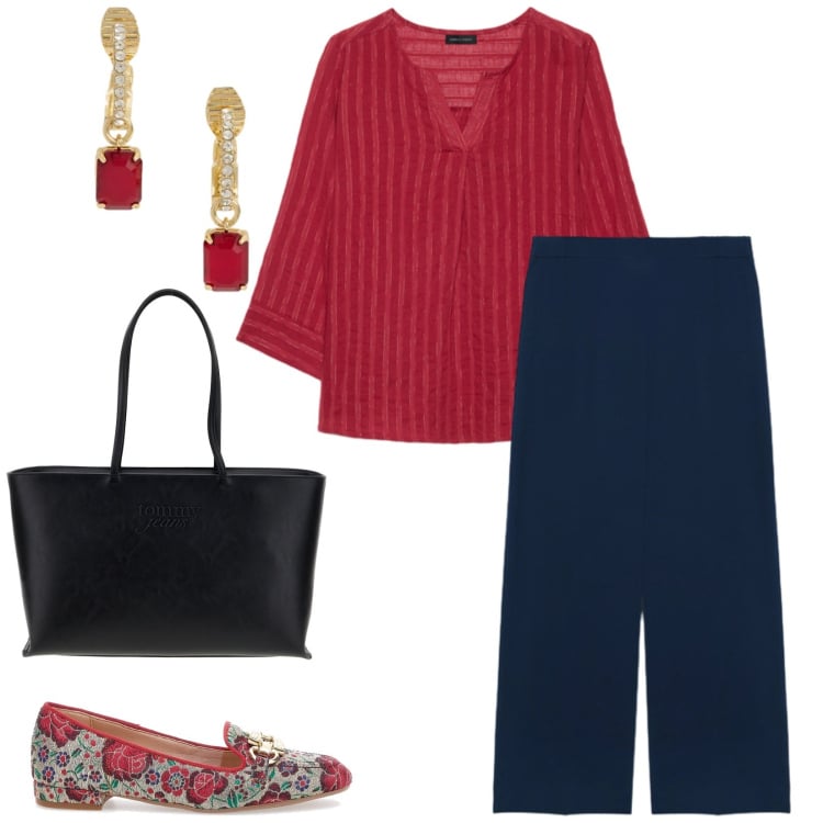 Outfit donna - Denim e fiori per tutti i giorni. Stile Chic per Ufficio. Abbinamento con bluse, pantaloni, orecchini, mocassini, borse a spalla.