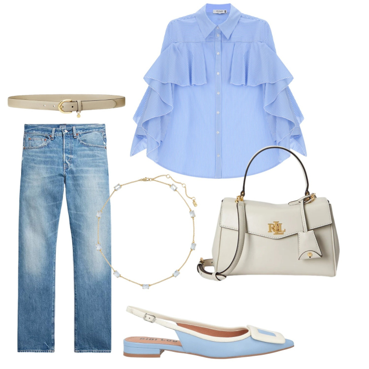 Outfit donna - Total look #2410862. Stile Casual chic per Ufficio. Abbinamento con ballerine, camicie, jeans dritti, borse a mano, cinture, collane.