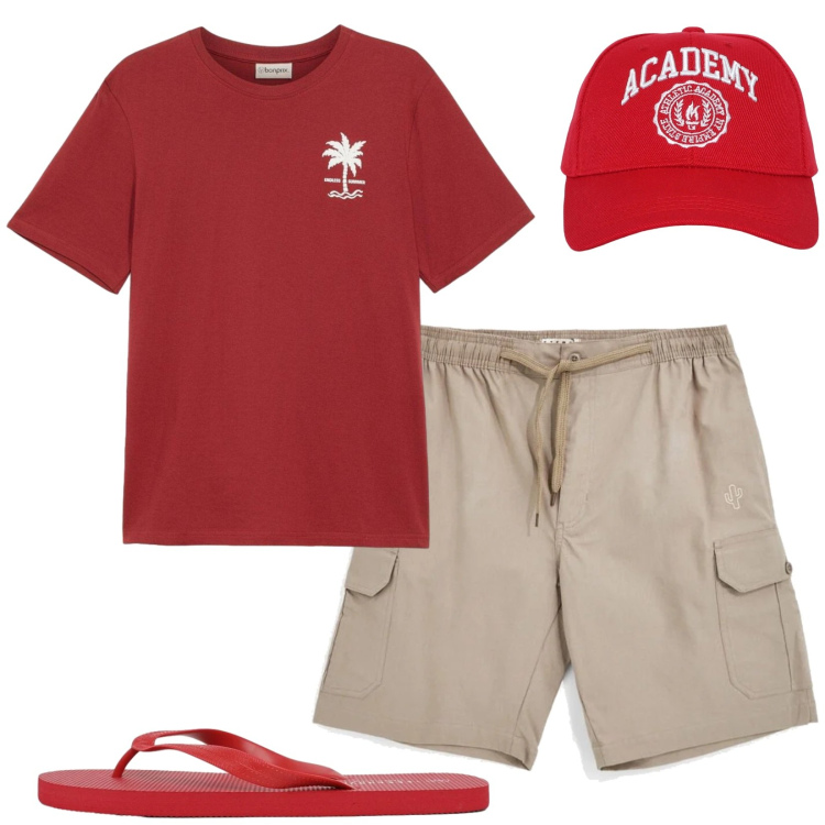 Outfit uomo - Total look #2410865. Stile Casual per Mare. Abbinamento con t-shirt, cappelli, sandali, bermuda.