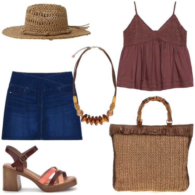 Outfit donna - Voglia d\'estate. Stile Casual per Tutti i giorni. Abbinamento con canottiere, cappelli, minigonne, collane, sandali col tacco, borse a mano.