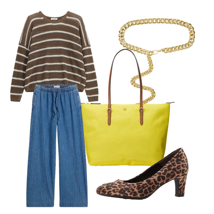 Outfit donna - Borsa gialla per andare a cena fuori. Stile Urban per Serata fuori. Abbinamento con jeans, décolleté, maglieria, cinture, borse tote.