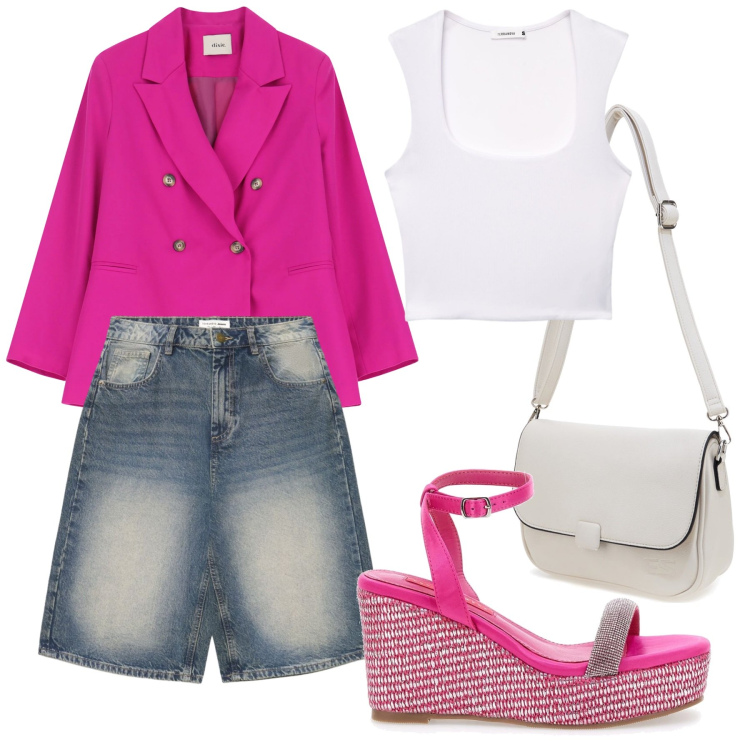 Outfit donna - Total look #2410868. Stile Glamour per Ufficio. Abbinamento con pantaloni corti, top, blazer, zeppe, borse a tracolla.