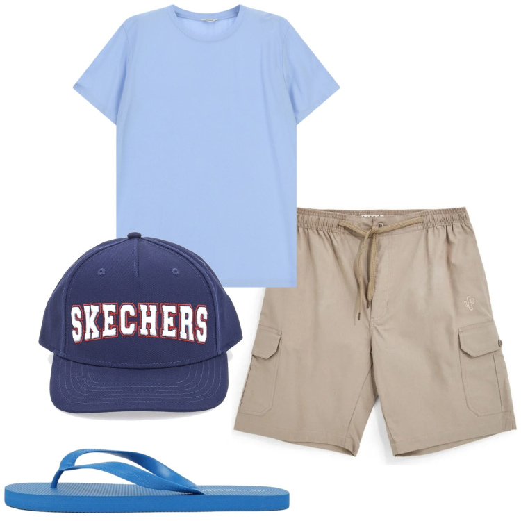 Outfit uomo - Total look #2410869. Stile Casual per Mare. Abbinamento con sandali, t-shirt, cappelli, bermuda.