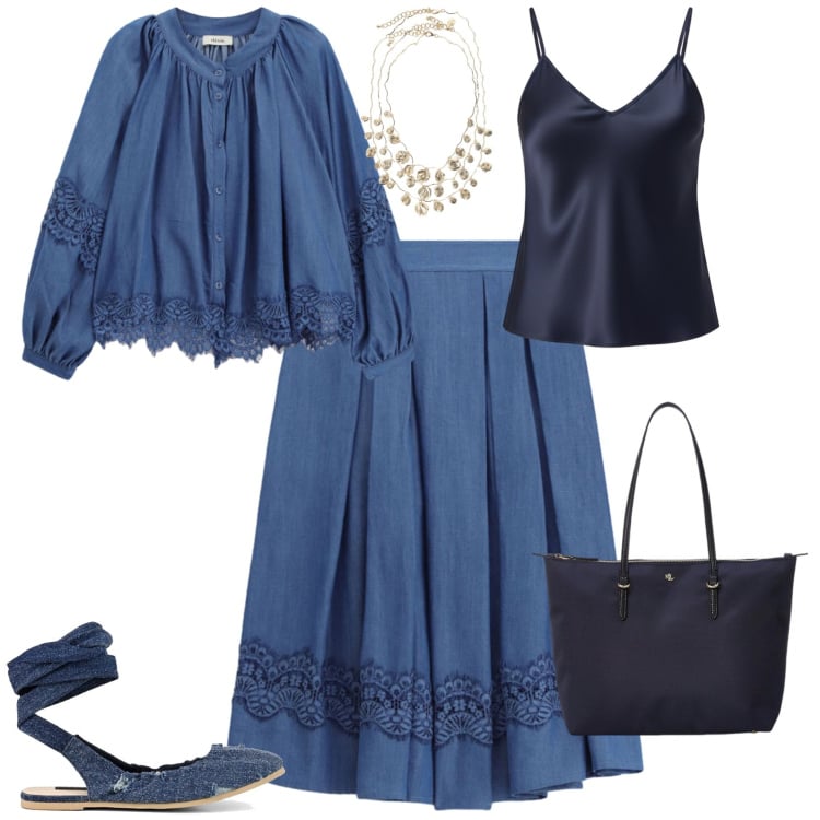 Outfit donna - Casual chic serata evento. Stile Casual chic per Serata fuori. Abbinamento con canottiere, collane, camicie, gonne longuette, borse tote, ballerine.