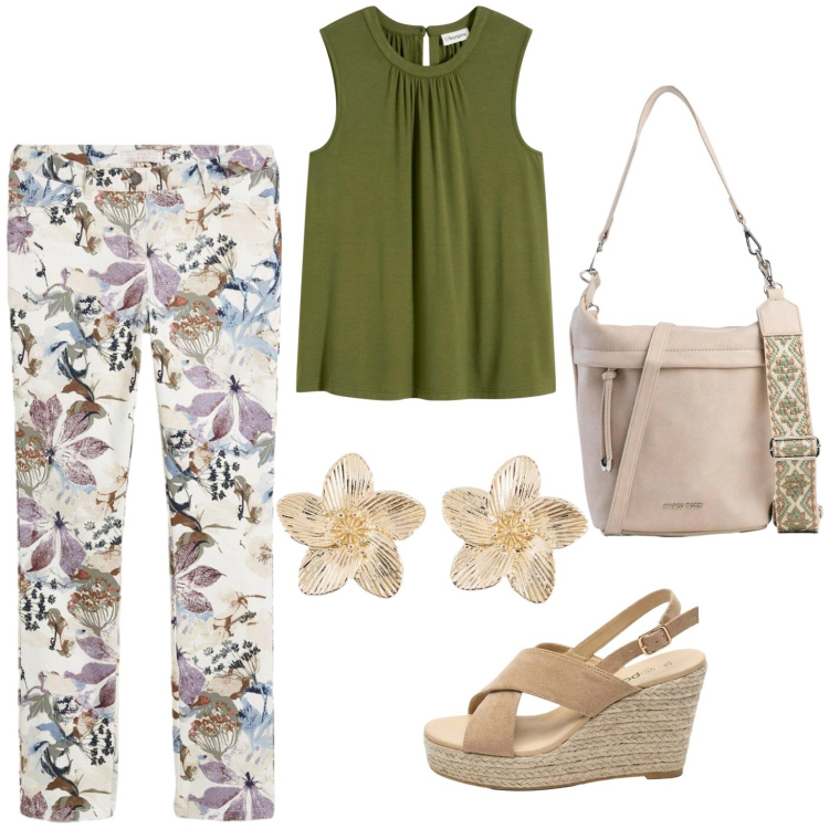 Outfit donna - Pantaloni stampa fiori. Stile Casual per Tutti i giorni. Abbinamento con top, pantaloni, borse a tracolla, orecchini, sandali col tacco.