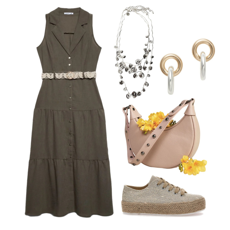 Outfit donna - Giugno. Stile Trendy per Tutti i giorni. Abbinamento con vestiti chemisier, borse a spalla, collane, orecchini, espadrillas.