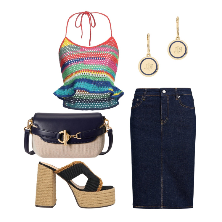 Outfit donna - Giugno. Stile Glamour per Tutti i giorni. Abbinamento con top, espadrillas, gonne, orecchini, borse a tracolla.