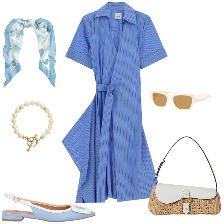 Outfit donna - Casual chic ufficio tempo libero. Stile Casual chic per Tutti i giorni. Abbinamento con ballerine, vestiti midi/longuette, foulard, collane, occhiali da sole, borse a spalla.