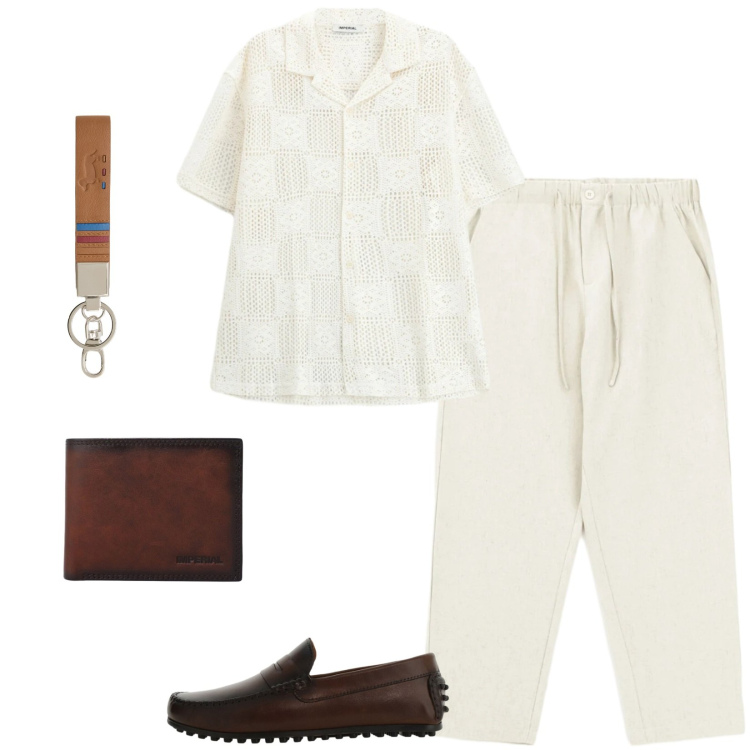 Outfit uomo - Aperitivo vista tramonto. Stile Casual per Serata speciale. Abbinamento con camicie a manica corta, pantaloni, scarpe stringate, portafogli, portachiavi.