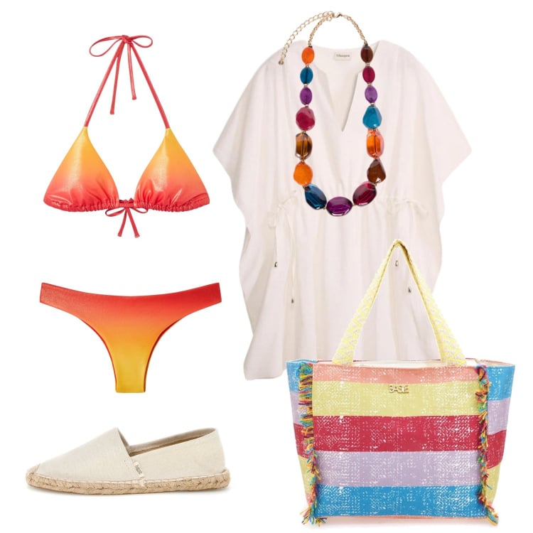 Outfit donna - Giugno. Stile Trendy per Mare. Abbinamento con vestiti da spiaggia, bikini, bikini, collane, shopping bag, espadrillas.
