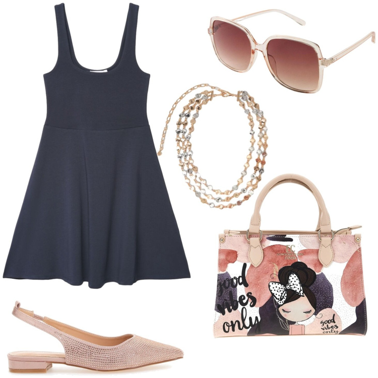 Outfit donna - Mademoiselle. Stile Casual chic per Serata fuori. Abbinamento con occhiali da sole, vestiti corti, collane, ballerine, borse a mano.