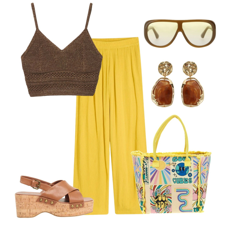 Outfit donna - \'70s. Stile 70s per Tutti i giorni. Abbinamento con pantaloni, zeppe, top, occhiali da sole, orecchini, borse a spalla.