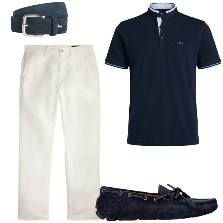 Outfit uomo - Lino Candido e Sfumature Deep Blue. Stile Trendy per Serata speciale. Abbinamento con cinture, polo, scarpe stringate, pantaloni.